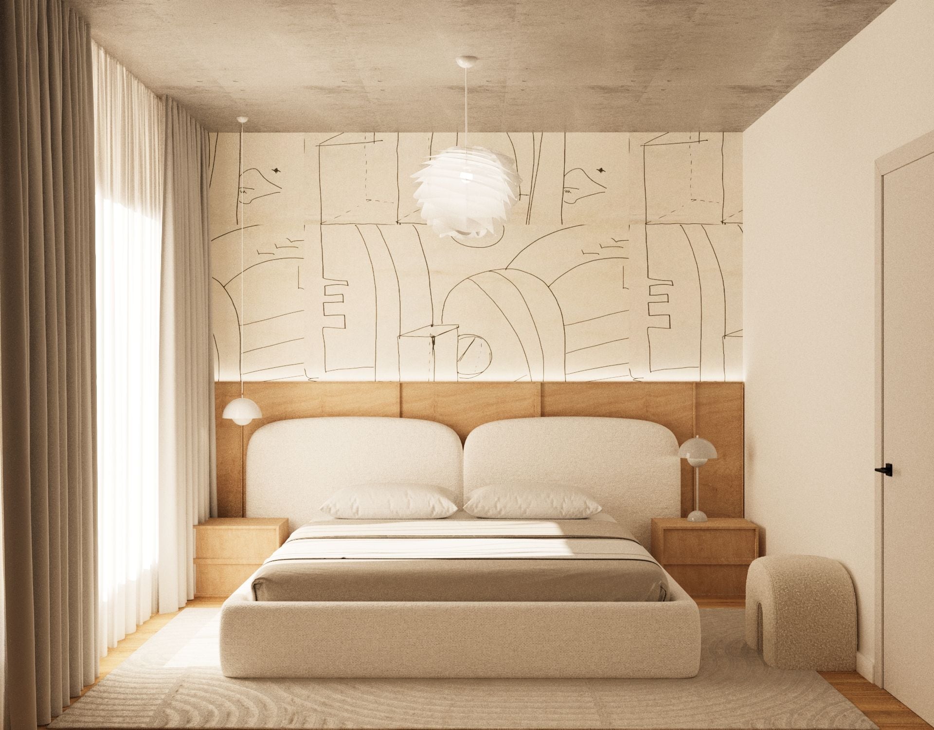 Bedroom designed by Maria: a bouclé bed, an oak headboard panel and line-drawing wallpaper