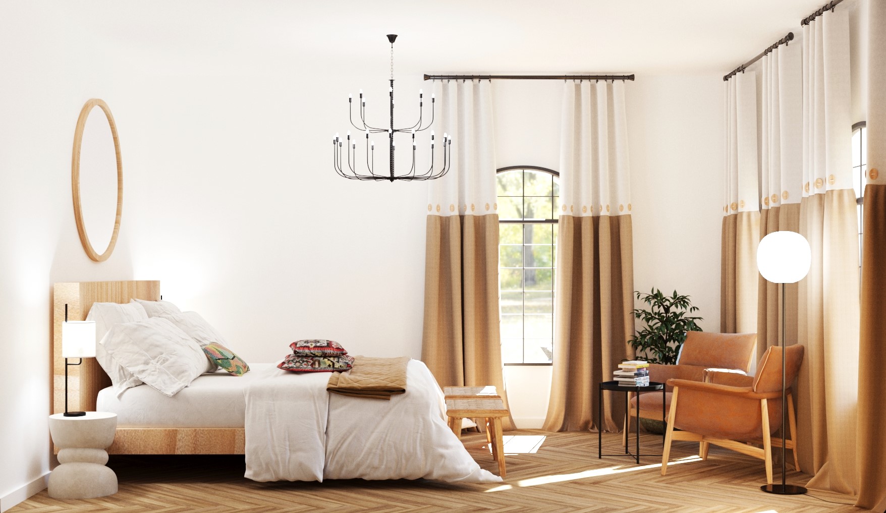 Bedroom designed by Maria: an oak bed, linen curtains in two tones, a black chandelier and tan armchairs by the arched window